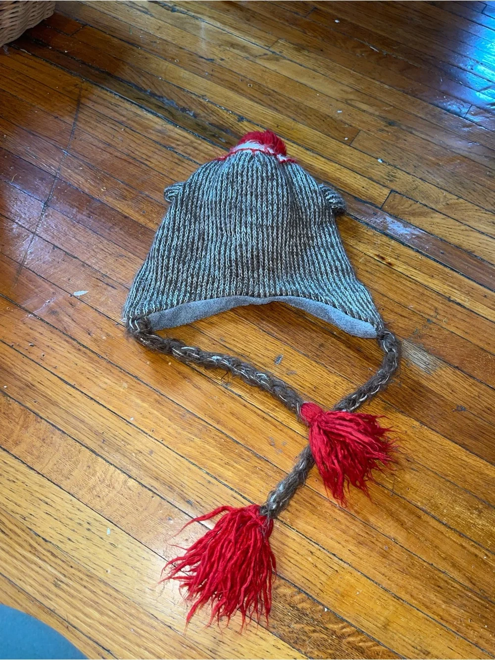 Kids Red Pom-Pom Sock Monkey Earflap Hat
